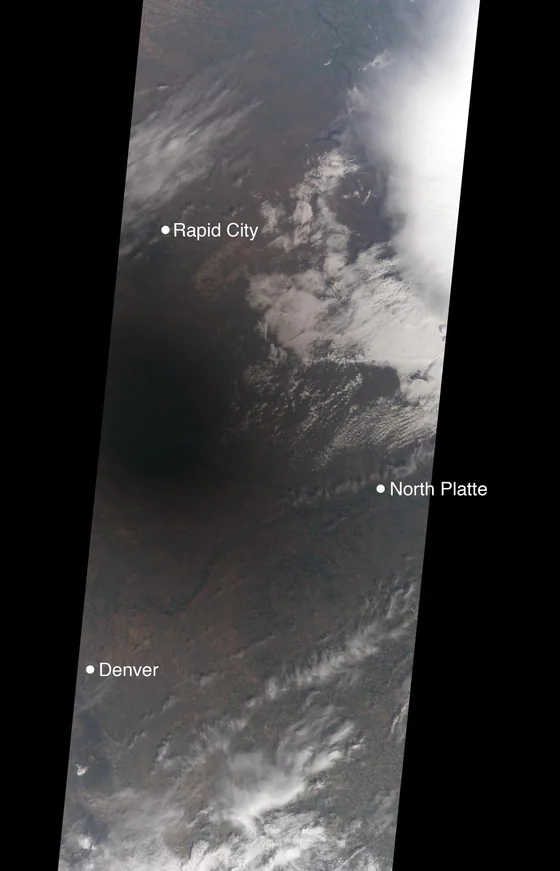 Satellite view of the Moon’s dark shadow on the Earth during the 2017 eclipse